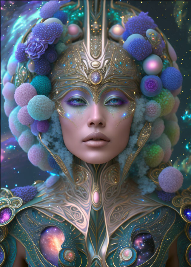 Fantastical portrait with golden headdress, cosmic elements, blue and purple florals