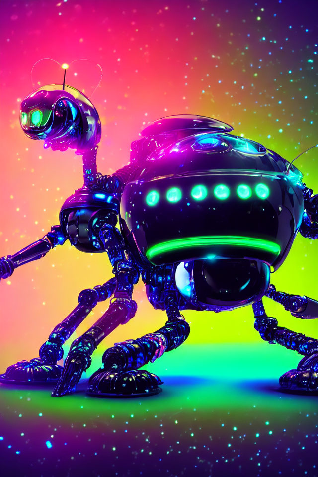 Futuristic insect-like robot with glowing parts on colorful starry background