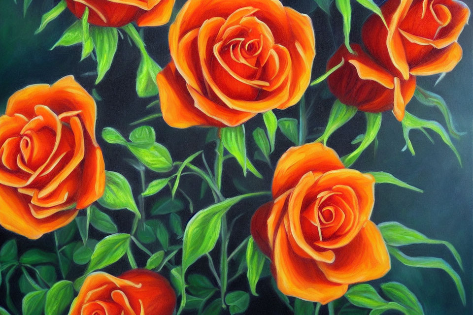 Orange Roses Painting on Dark Background
