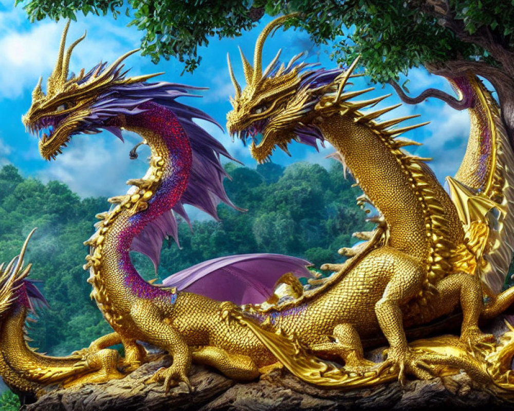 Vibrant digital artwork: golden dragon with purple details in forest setting