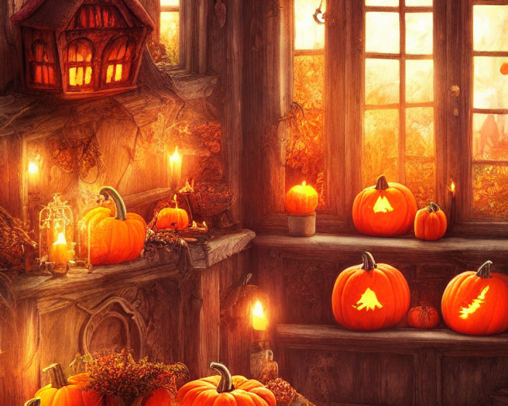 Autumn-themed room with carved pumpkins, candles, and witch's hat house in golden sunlight