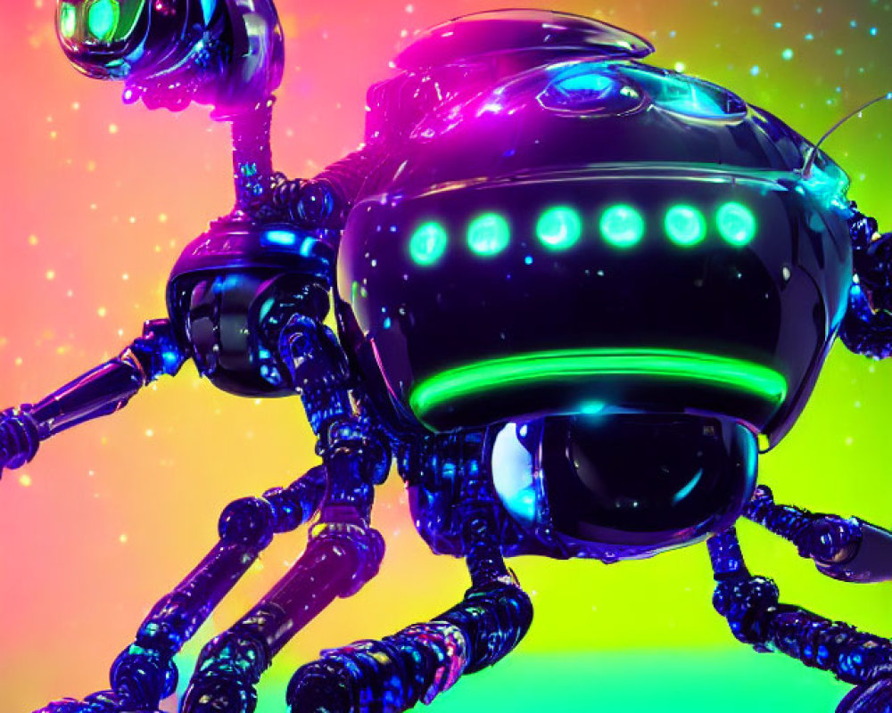 Futuristic insect-like robot with glowing parts on colorful starry background