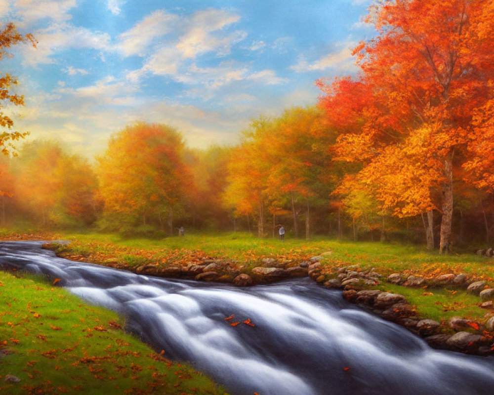 Tranquil autumn landscape with flowing stream and fiery orange trees