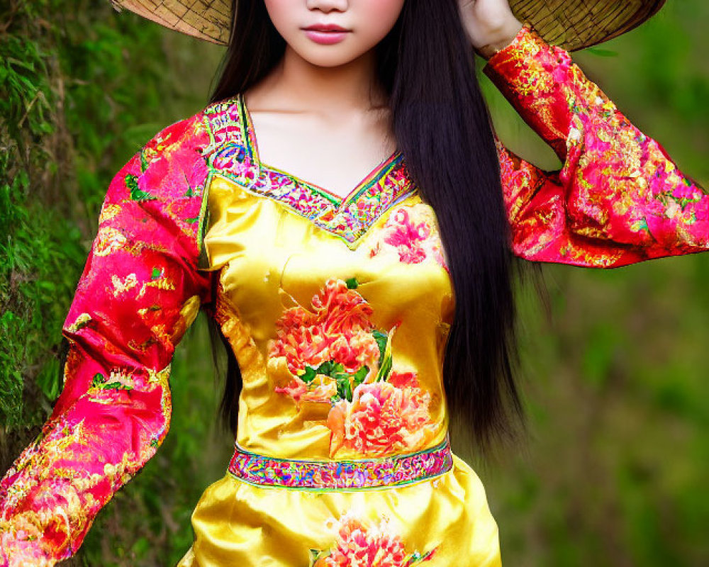 Vibrant yellow ao dai with floral patterns on woman in conical hat