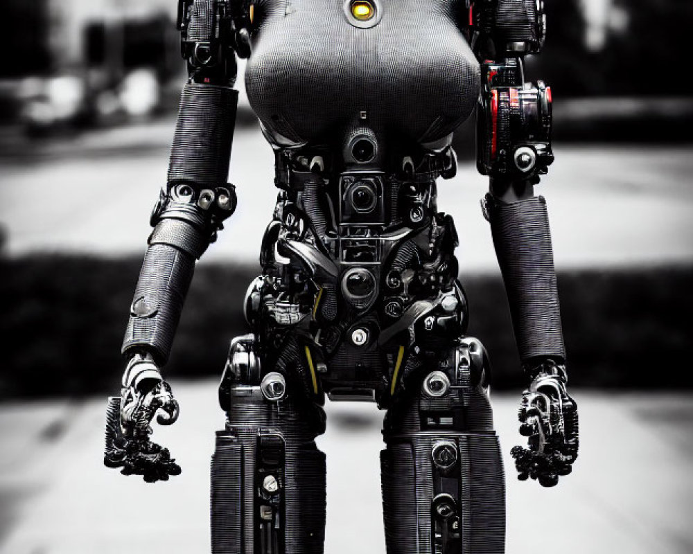 Detailed humanoid robotic figure with green eyes and intricate mechanical parts on urban street.