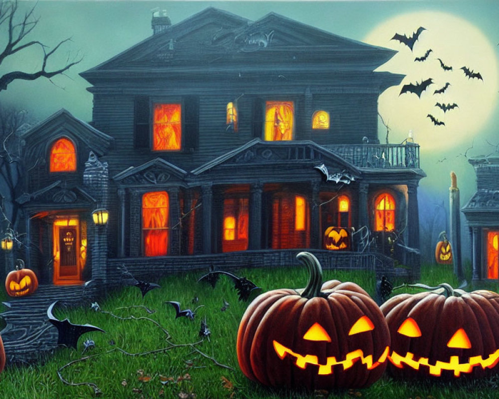 Haunted house, jack-o'-lanterns, bats, eerie moon in spooky Halloween scene