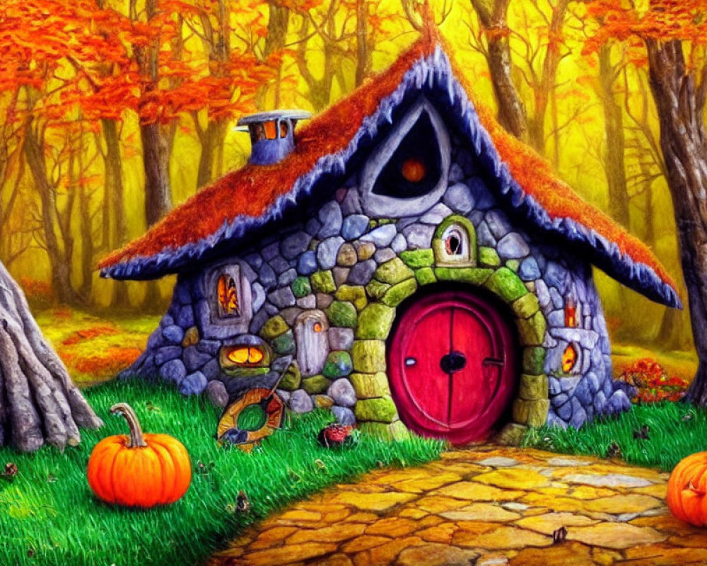 Stone Cottage with Thatched Roof and Red Door in Autumn Forest