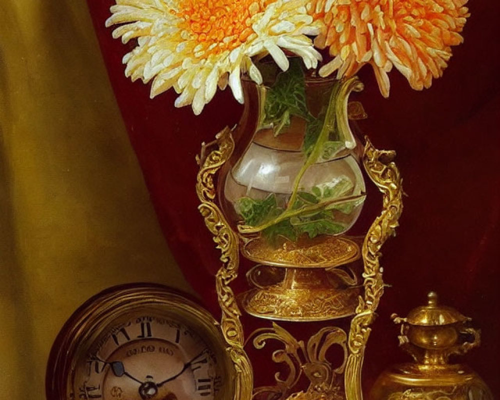 Classic still life painting with chrysanthemums, gold clock, oranges, and red backdrop