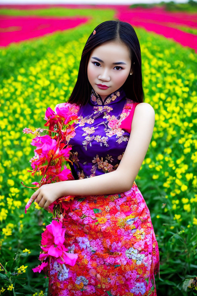 Young woman in floral dress standing in vibrant flower field with bouquet