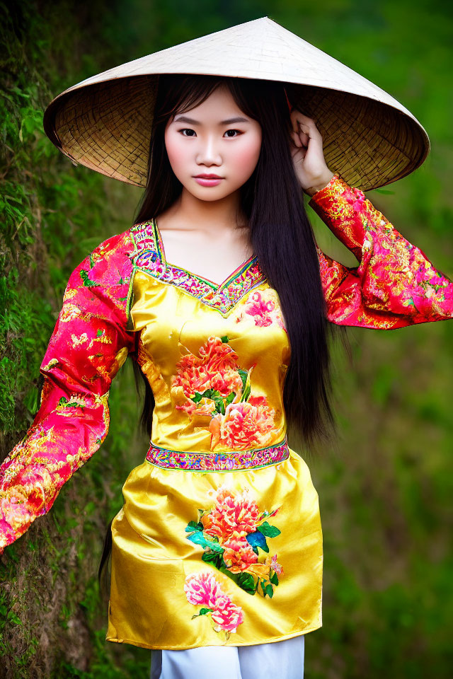 Vibrant yellow ao dai with floral patterns on woman in conical hat