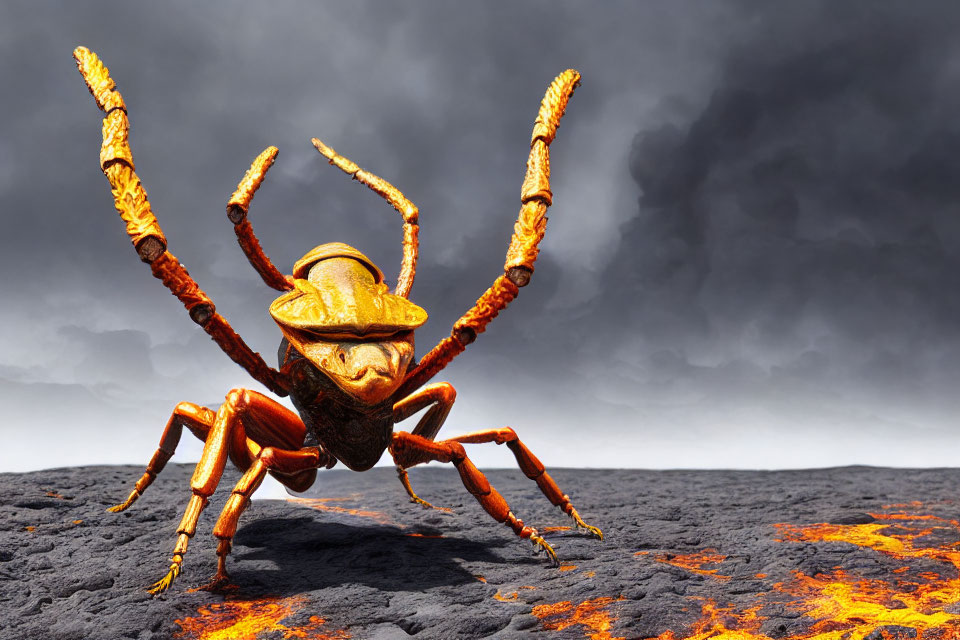 Stylized giant beetle on volcanic landscape with lava cracks under stormy sky