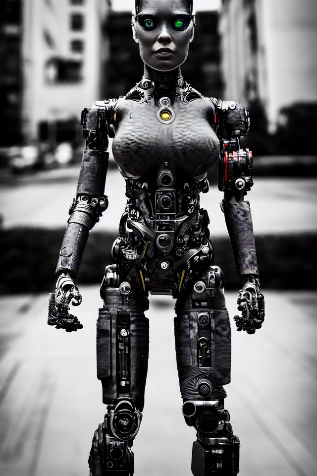 Detailed humanoid robotic figure with green eyes and intricate mechanical parts on urban street.
