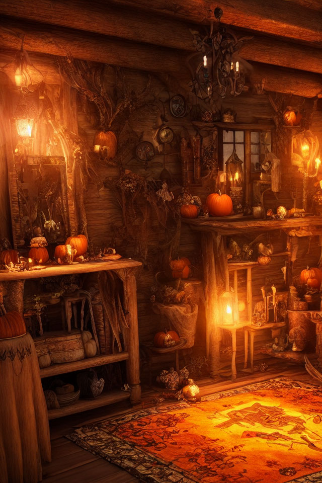 Rustic wooden cabin interior with warm candlelight and autumnal decor