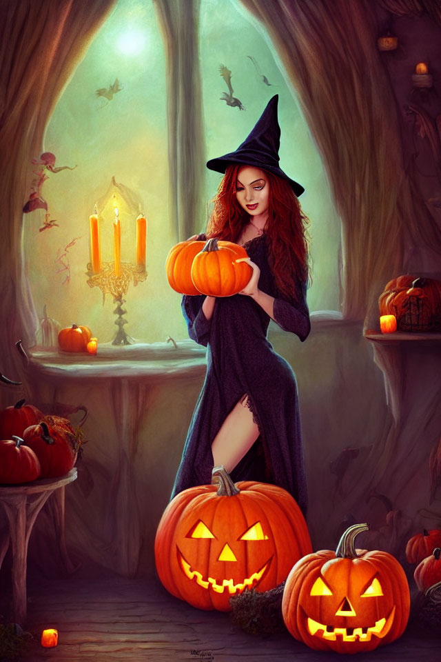 Woman in Black Witch Costume Carving Pumpkin in Cozy Autumn Setting