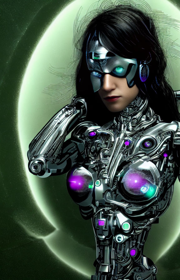 Female cyborg with futuristic visor and glowing green aura.