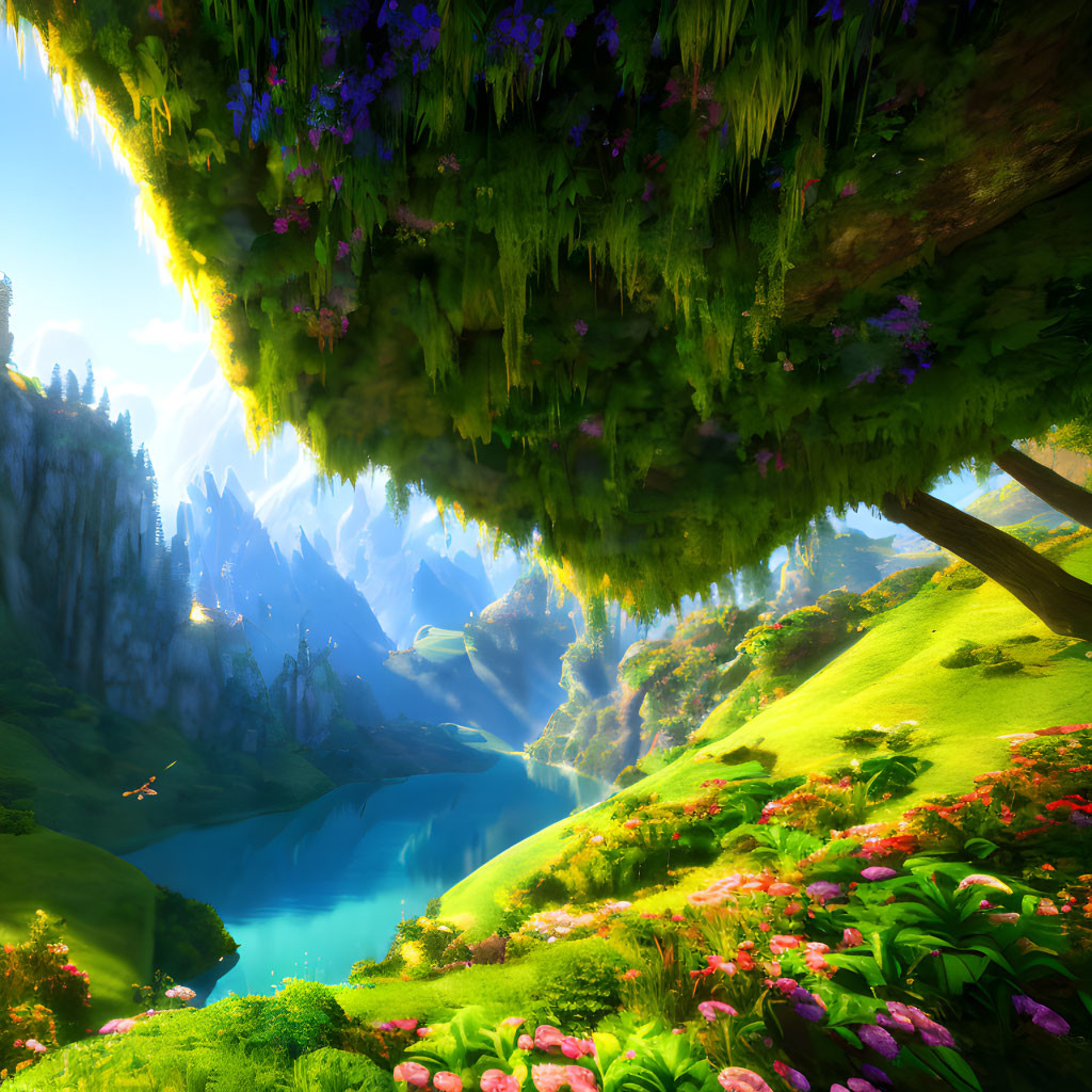 Colorful Fantasy Landscape with Inverted Perspective and Floating Islands