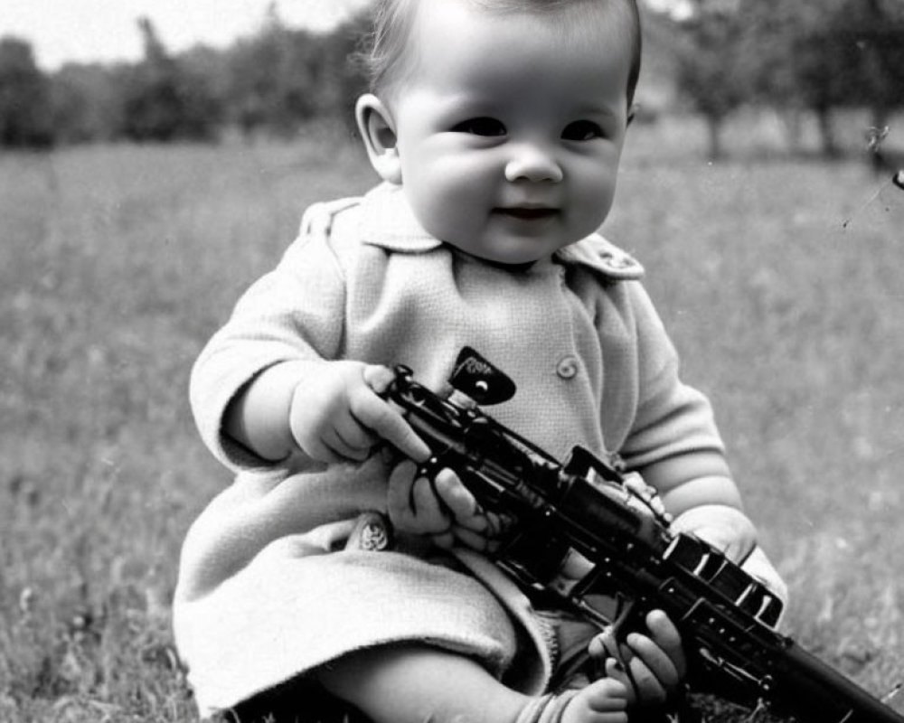Smiling baby holding large gun outdoors in black and white photo