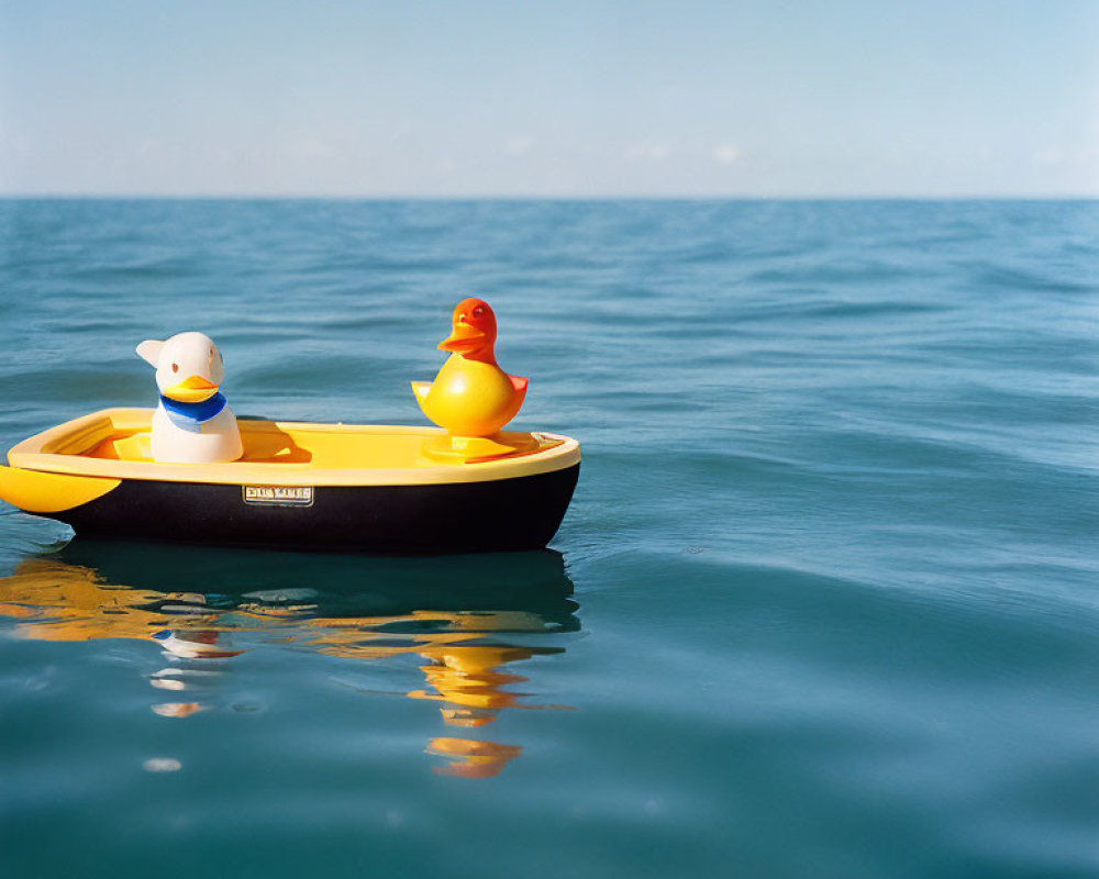 Toy Duck and Sailor Figure on Small Yellow Boat in Calm Blue Sea