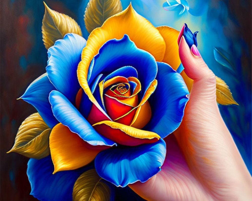 Colorful hand holding multicolored rose with butterfly on dark background
