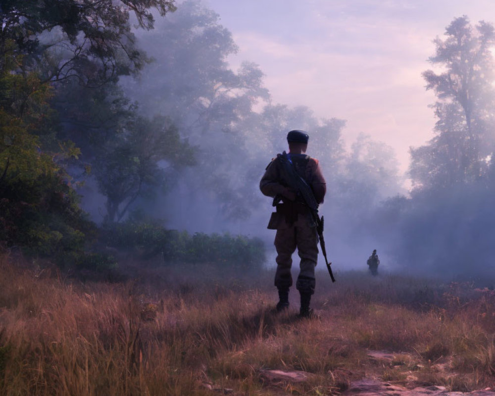 Soldier with Rifle in Misty Wooded Landscape at Dawn or Dusk