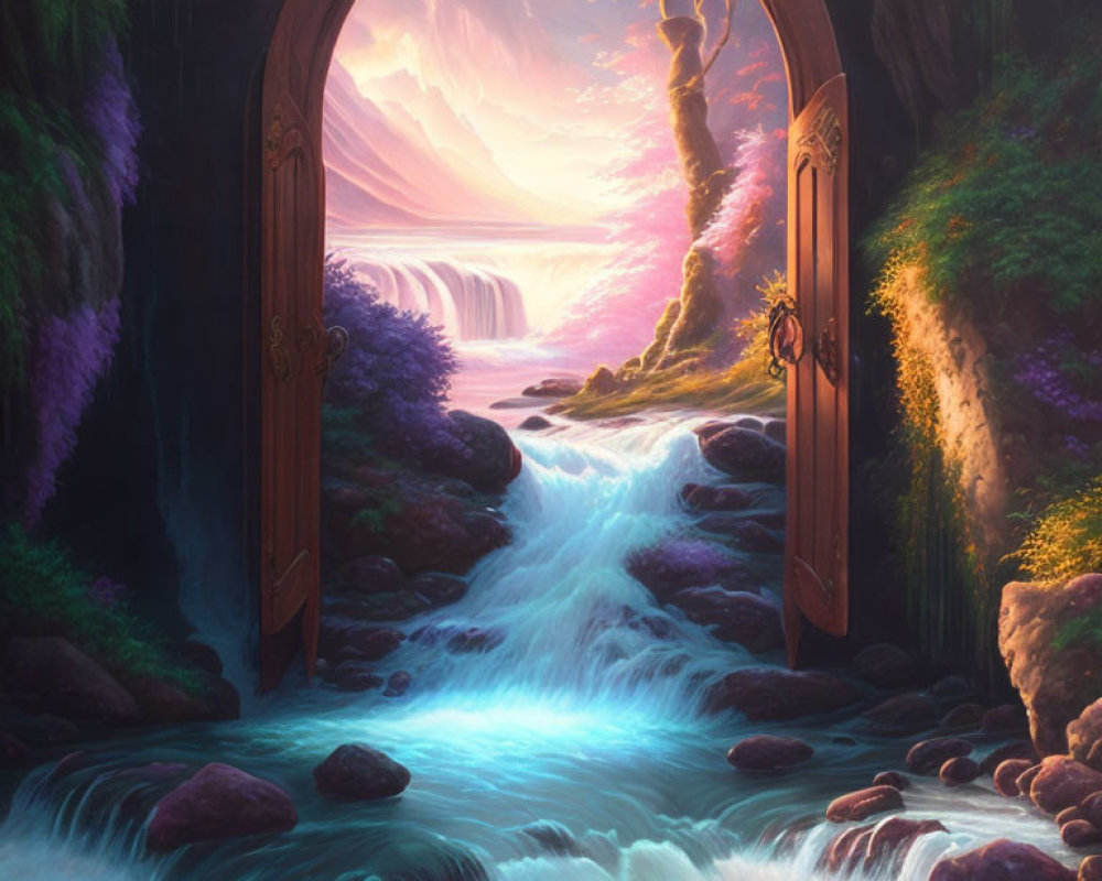Vibrant fantasy landscape with cascading river and mystical sky