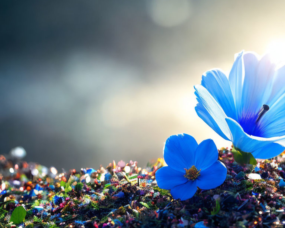 Vibrant Blue Flowers on Colorful Ground Cover with Sun Flares