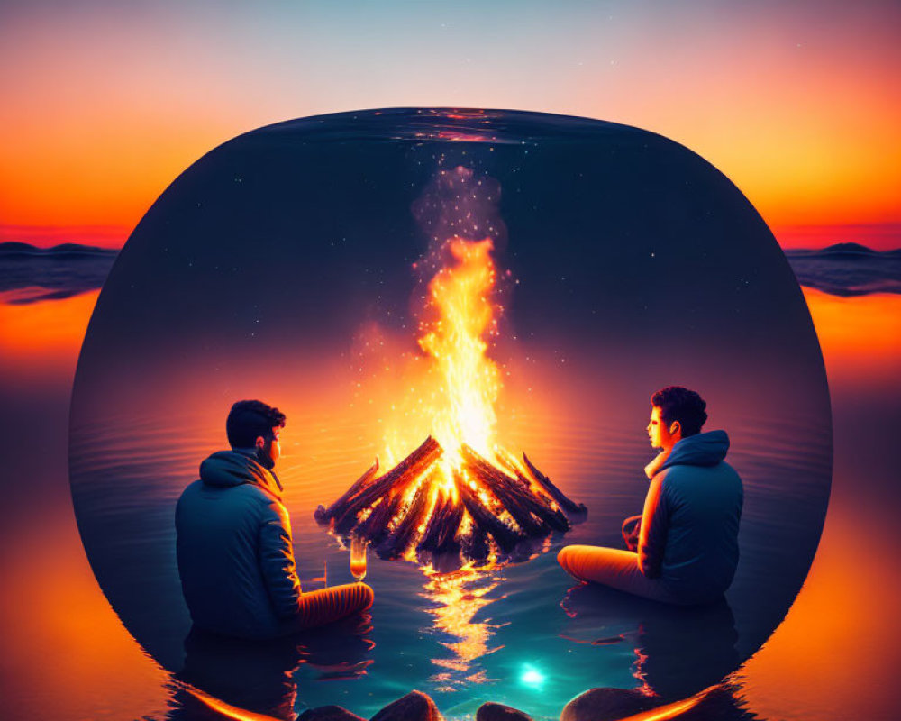 Campfire scene with two people near water and sunset/sunrise in circular frame
