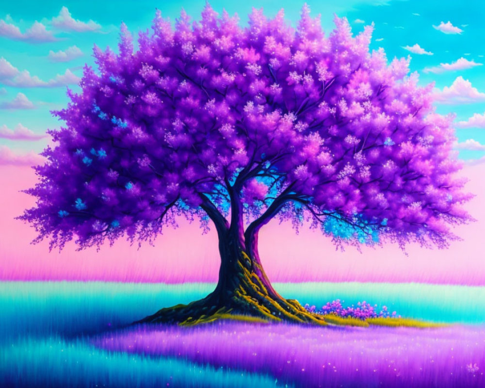 Colorful tree illustration with purple foliage under gradient sky and meadow