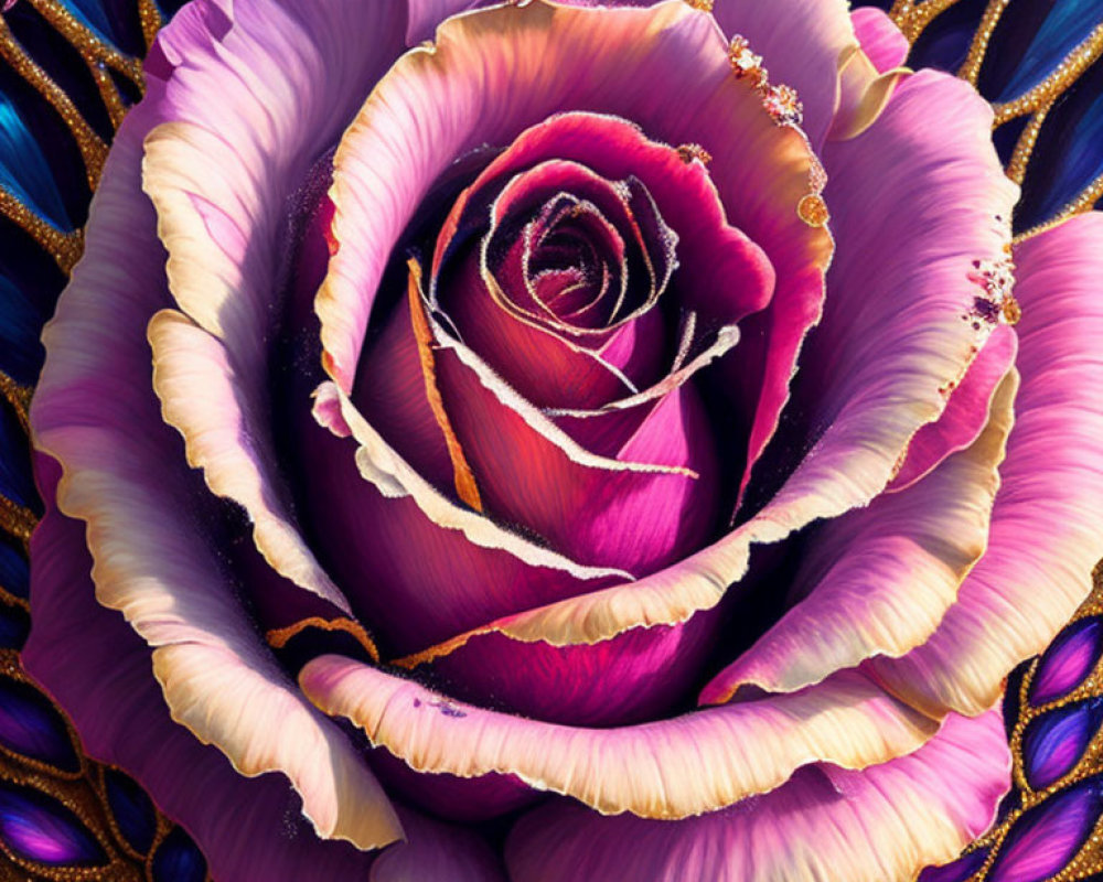 Colorful digital rose art with gold accents on blue patterned background