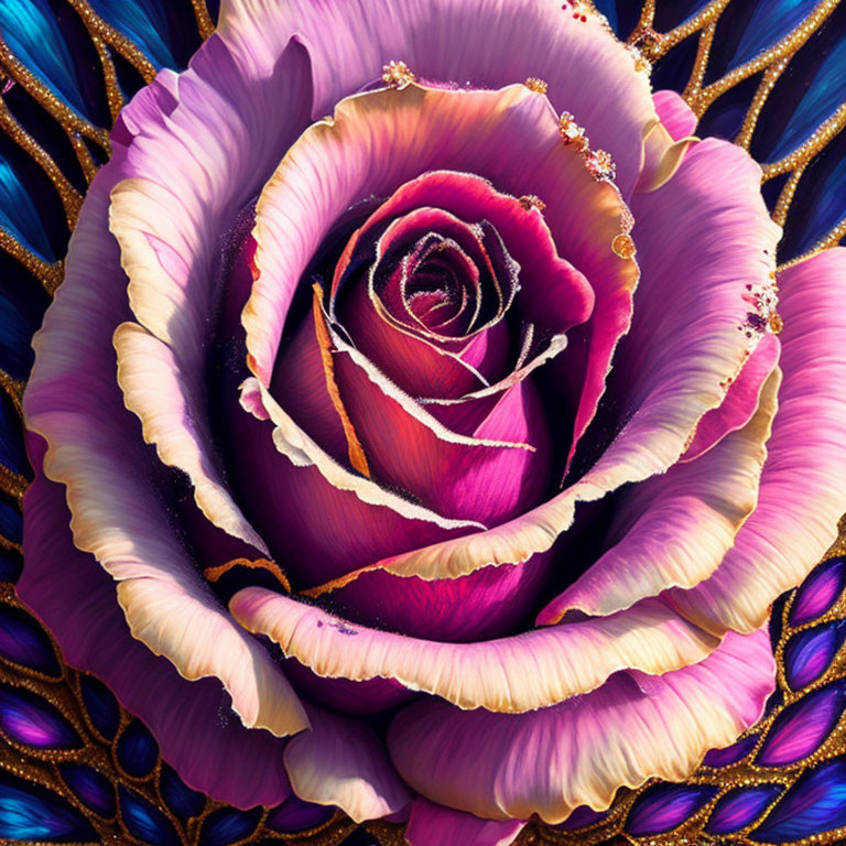 Colorful digital rose art with gold accents on blue patterned background