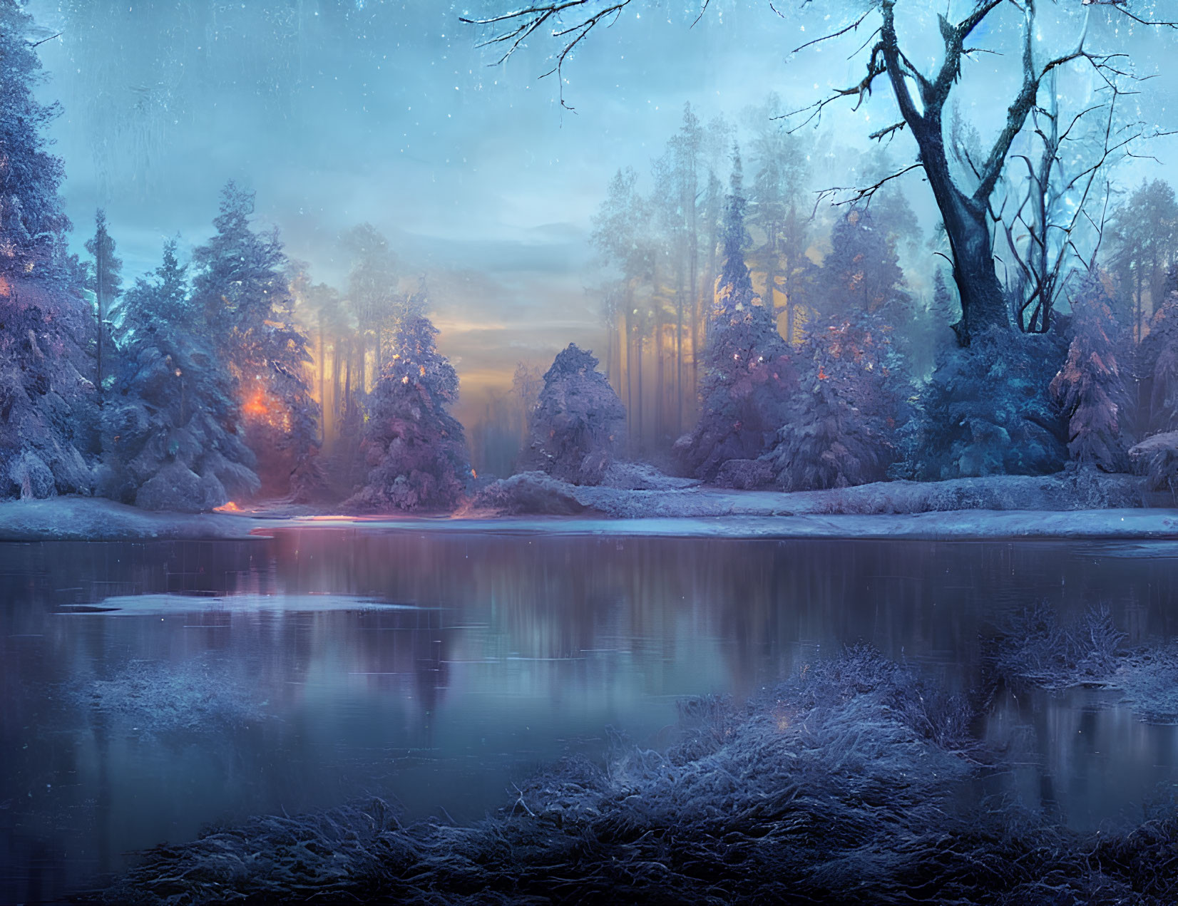 Snow-covered twilight forest scene with pink sunset reflection on serene lake