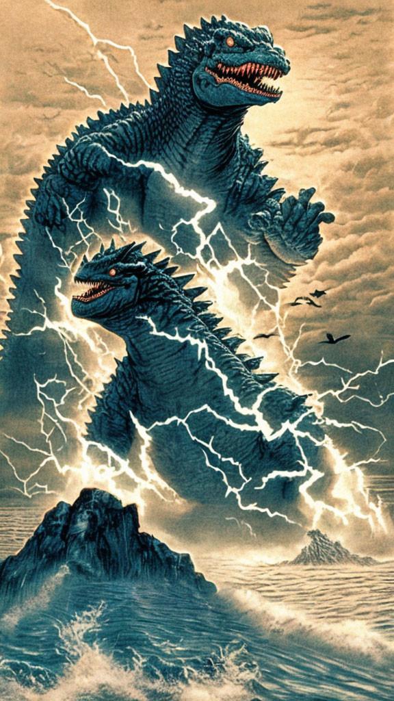 Two Godzilla-like monsters in stormy ocean scene with lightning strikes