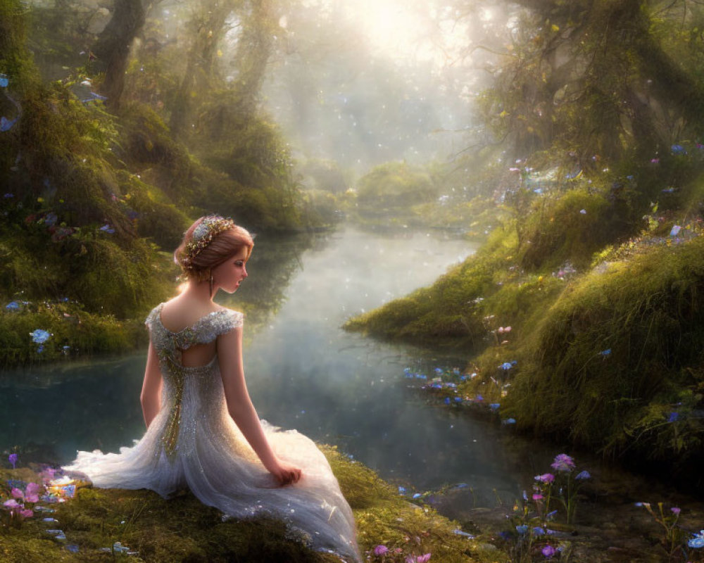 Woman in White Dress by Tranquil Forest Stream