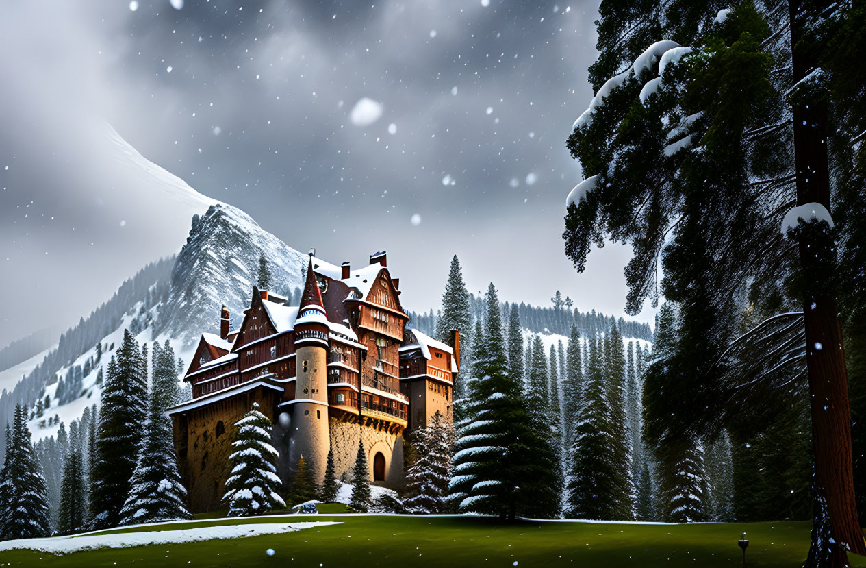 Castle in the mountains in winter.