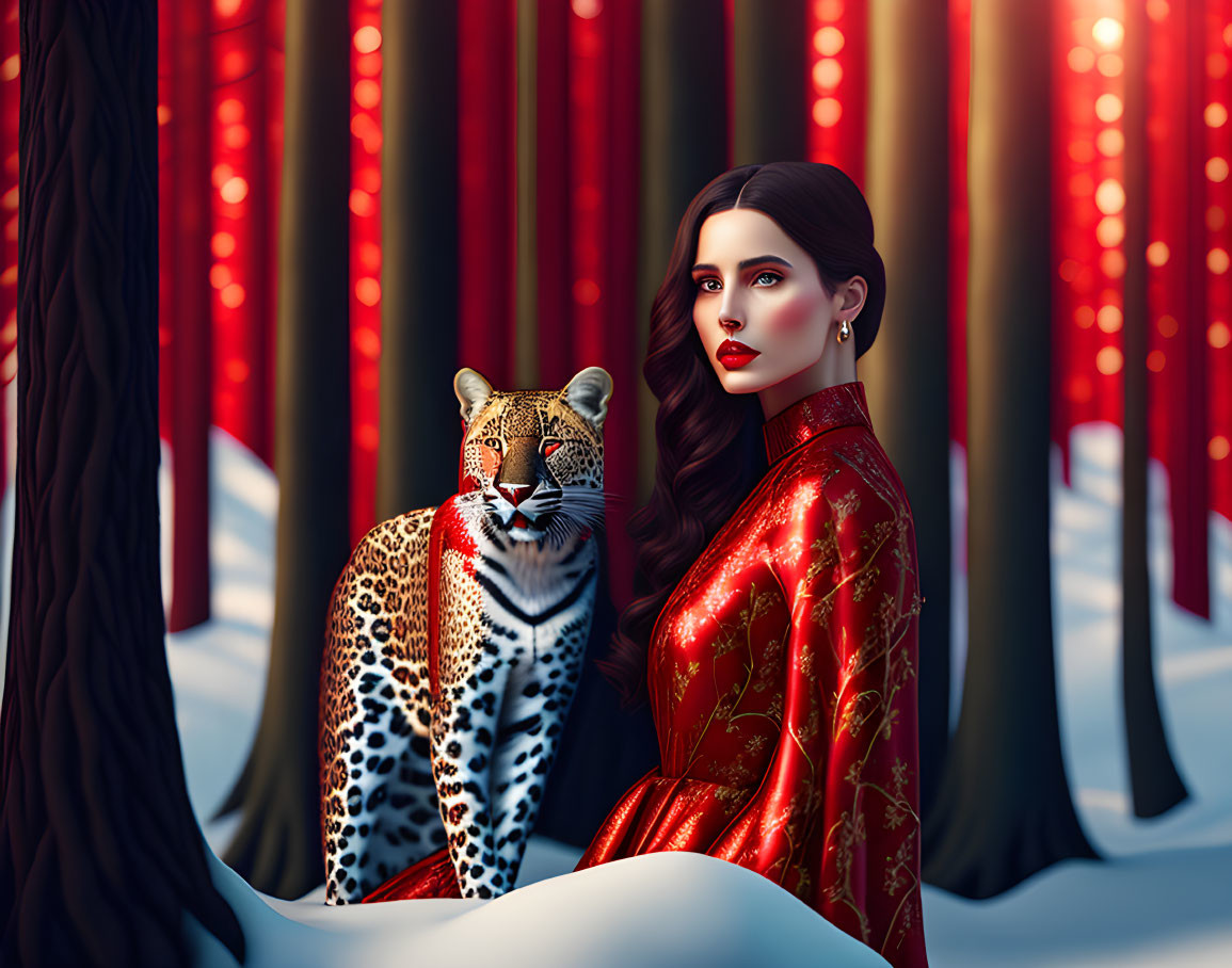 Brunette in a red dress with a white leopard