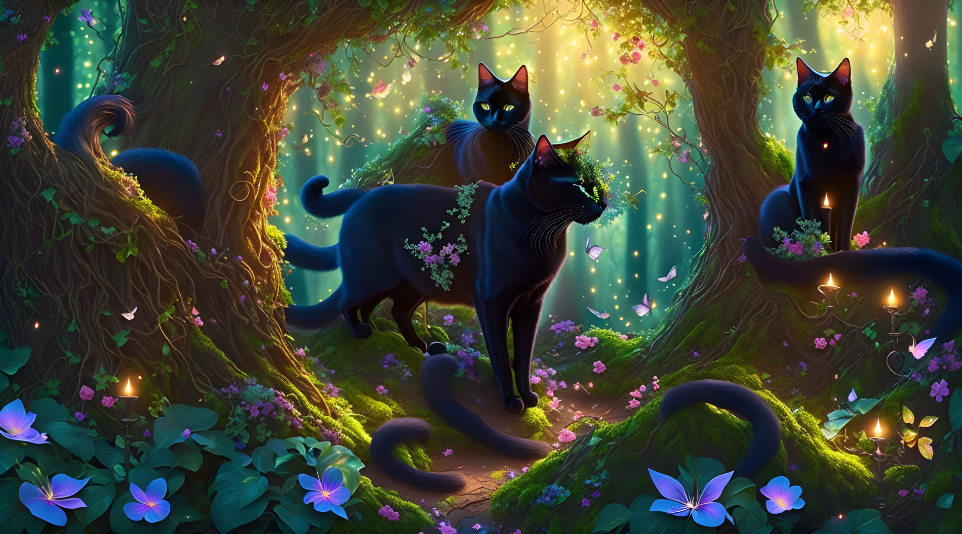 A black cat in a fairy forest