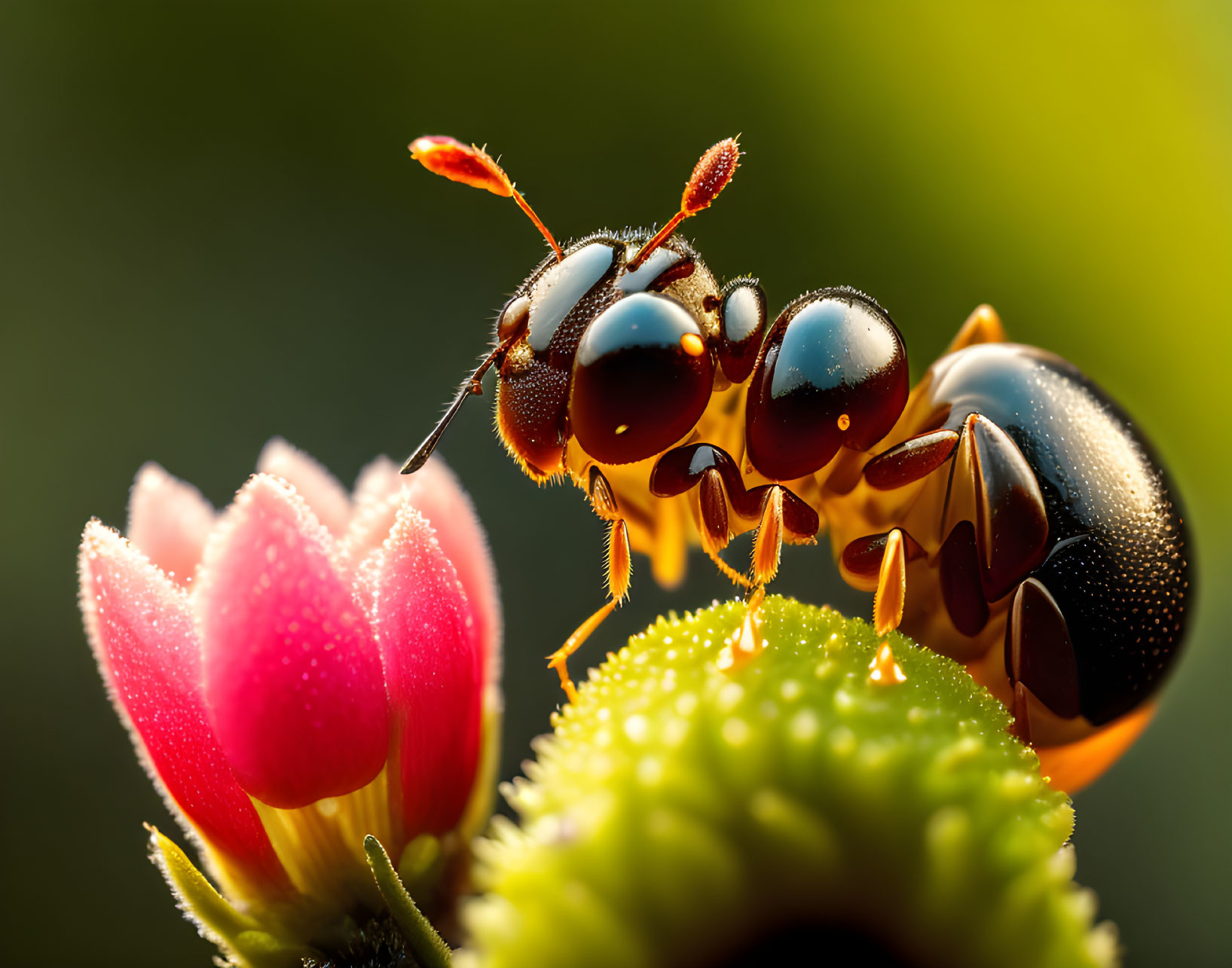 an ant drinks dew from a flower