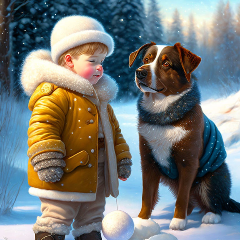 Child and dog in winter attire enjoying snowy forest landscape.