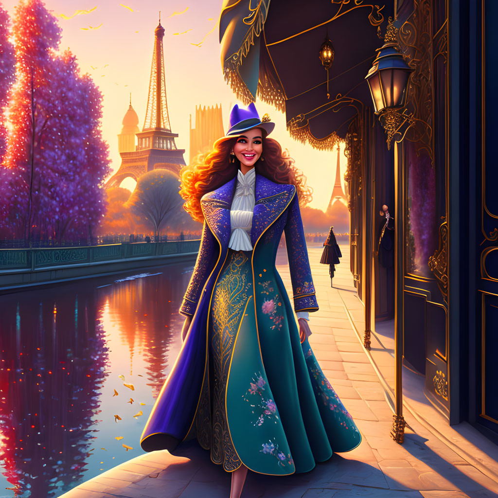 Elegant animated woman in purple and teal outfit by river with Eiffel Tower and sunset.