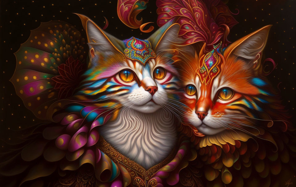 Colorful Cats with Ornate Foreheads in Intricate Floral Designs on Dark Background