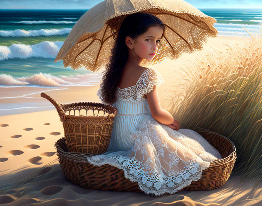 Young girl in white lace dress with parasol on beach basket portrait