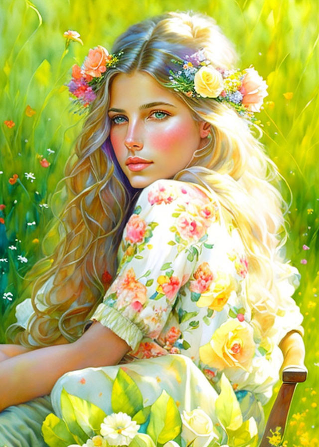 Digital painting of young woman with floral crown in serene springtime scene