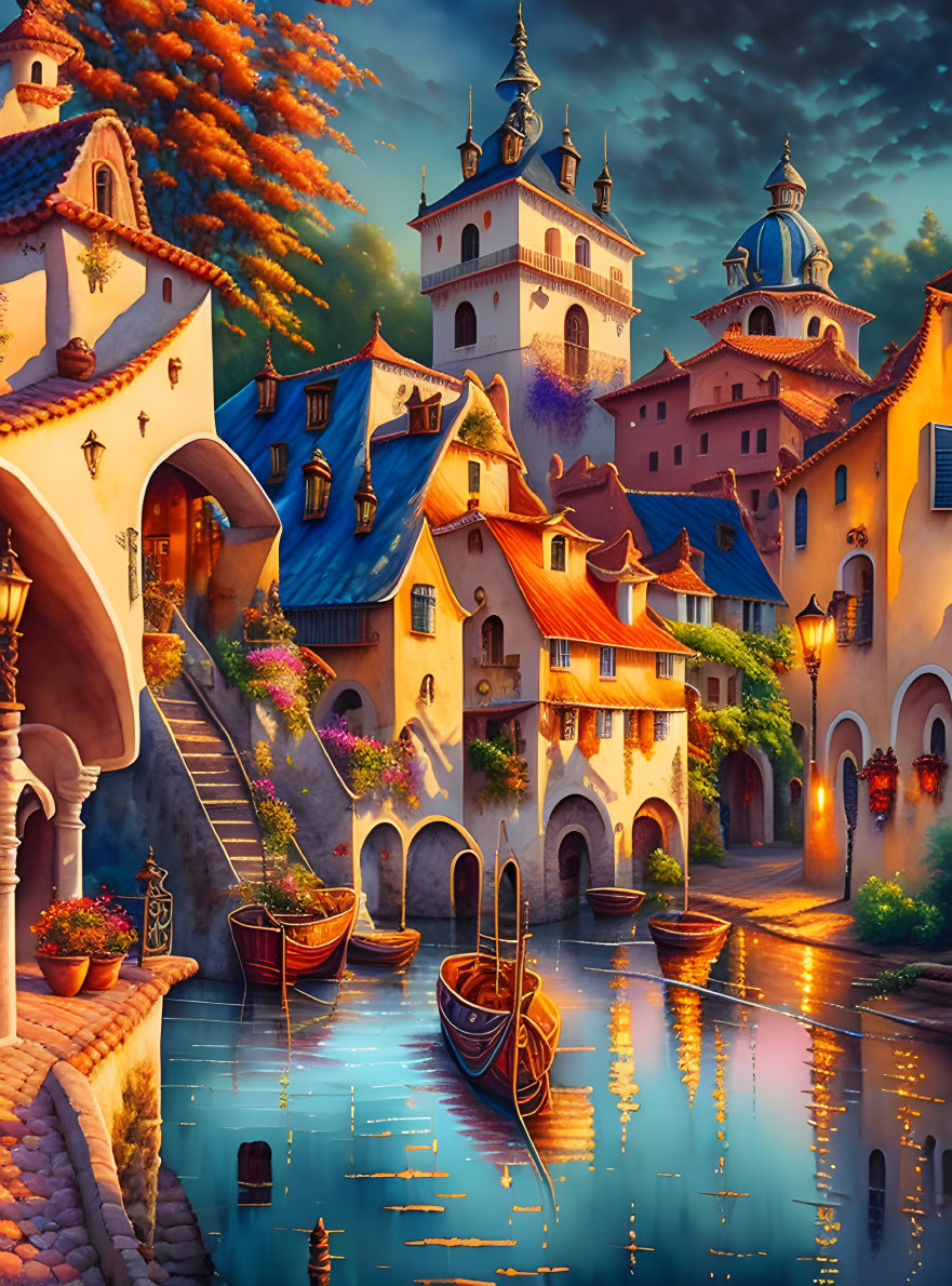 Colorful Fantasy Village with Cobblestone Paths and Whimsical Towers