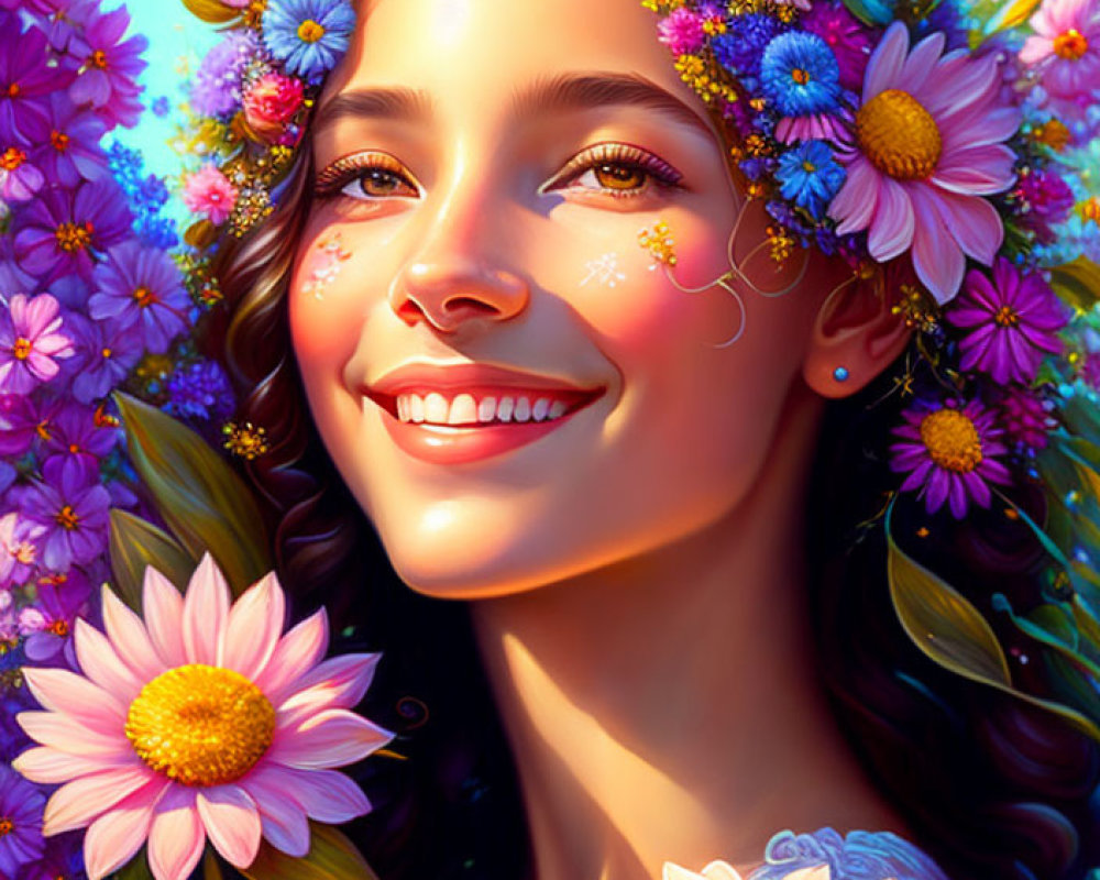 Young Woman Smiling with Flower Crown in Vibrant Floral Setting