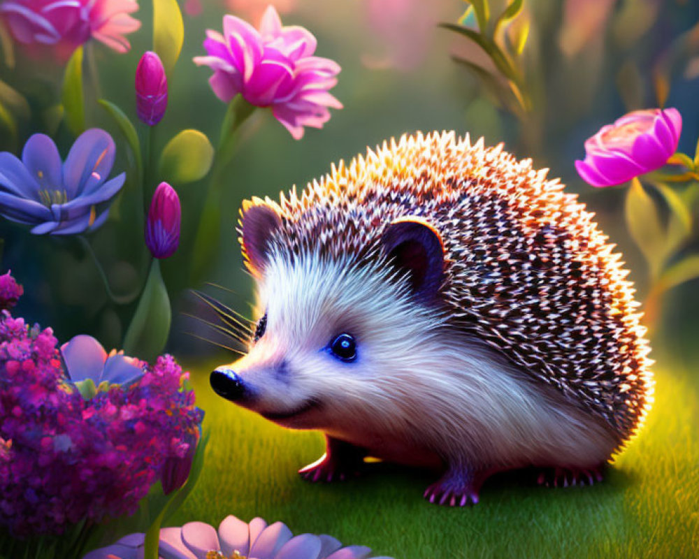 Adorable hedgehog in colorful flower garden with soft lighting