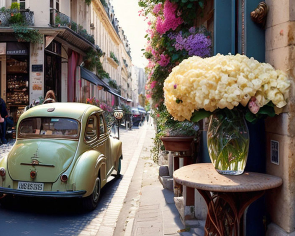 Vintage Green Car on Quaint City Street with Floral Sidewalk Scene