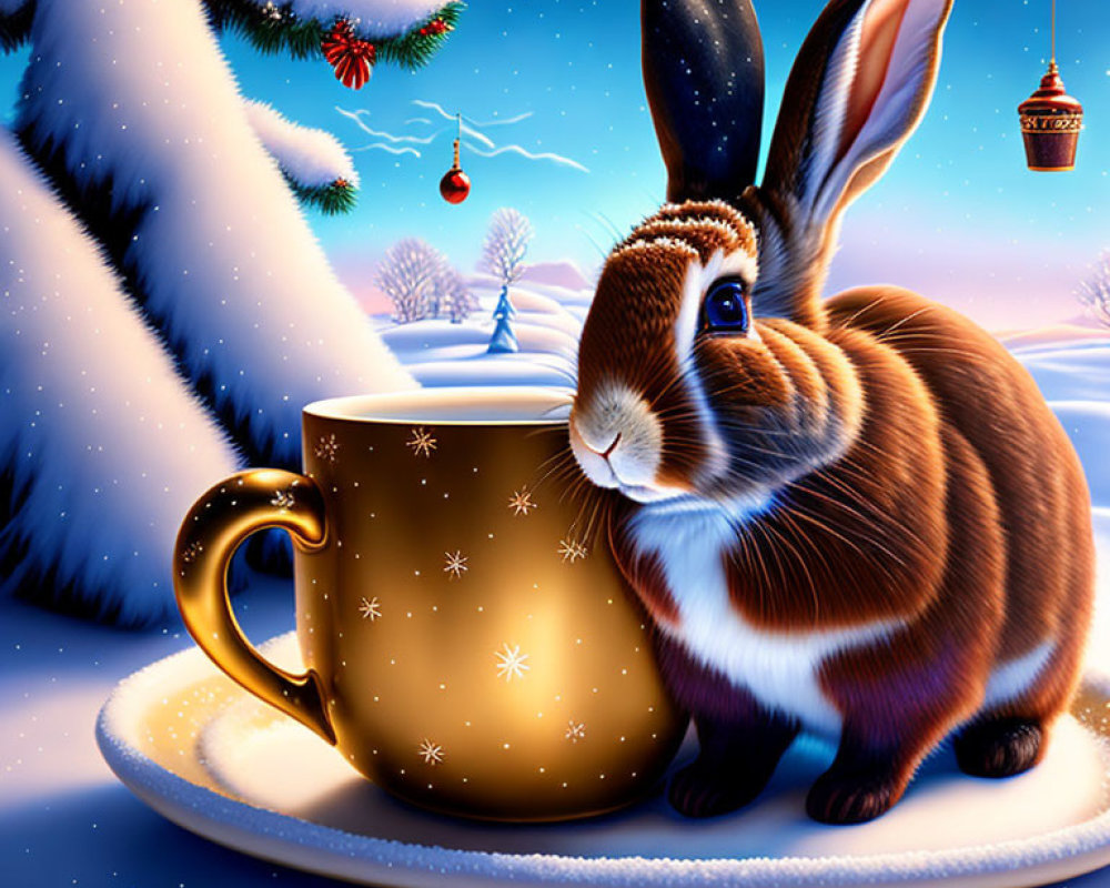 Brown rabbit next to large cup on snowy landscape with decorated trees and starry night sky