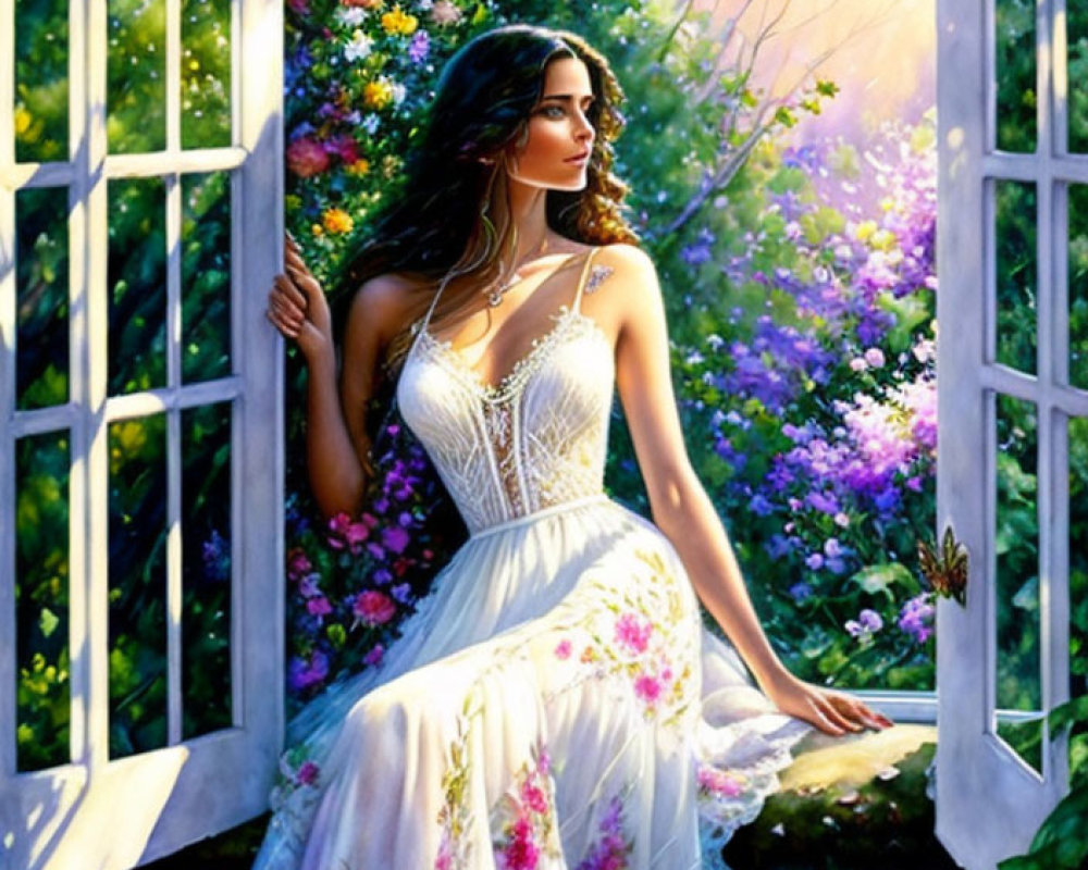 Woman in White Dress by Garden Window with Vibrant Flowers and Sun Rays