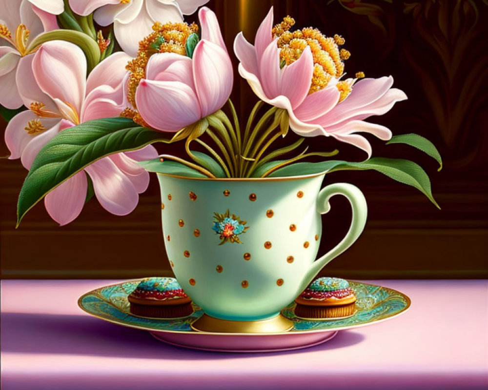 Colorful Floral Teacup Painting with Macarons and Polka Dots
