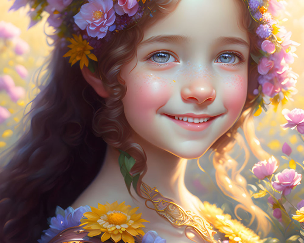 Young girl with floral crown and blossoms, curly hair, and joyful expression